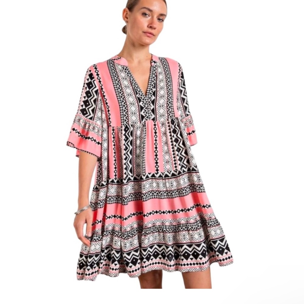 Easel Pink and Black Patterned Dress